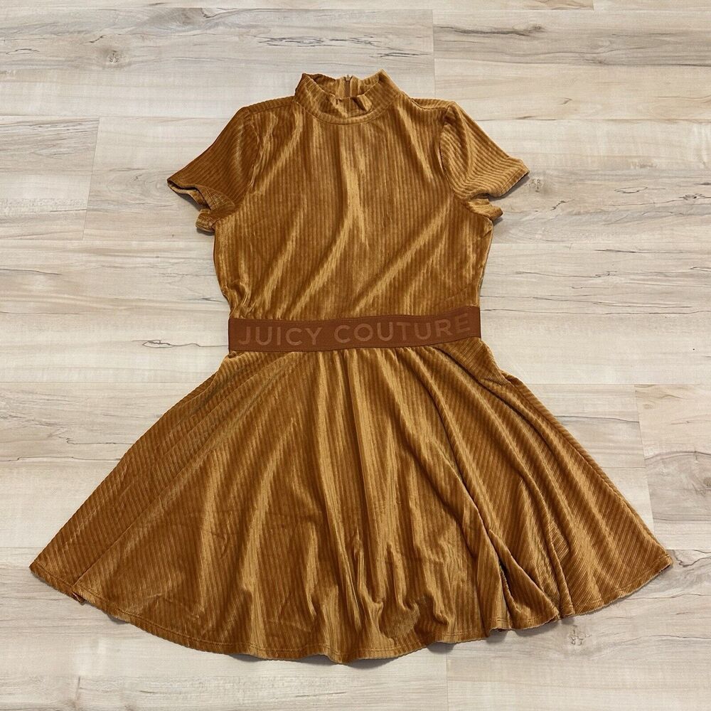 Juicy Couture Women M Dress Skater Ribbed Velvet Gold NWT